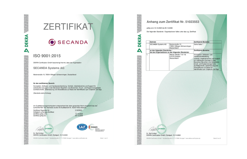 Zertifikat ISO 9001:2015 SECANDA Systems AG