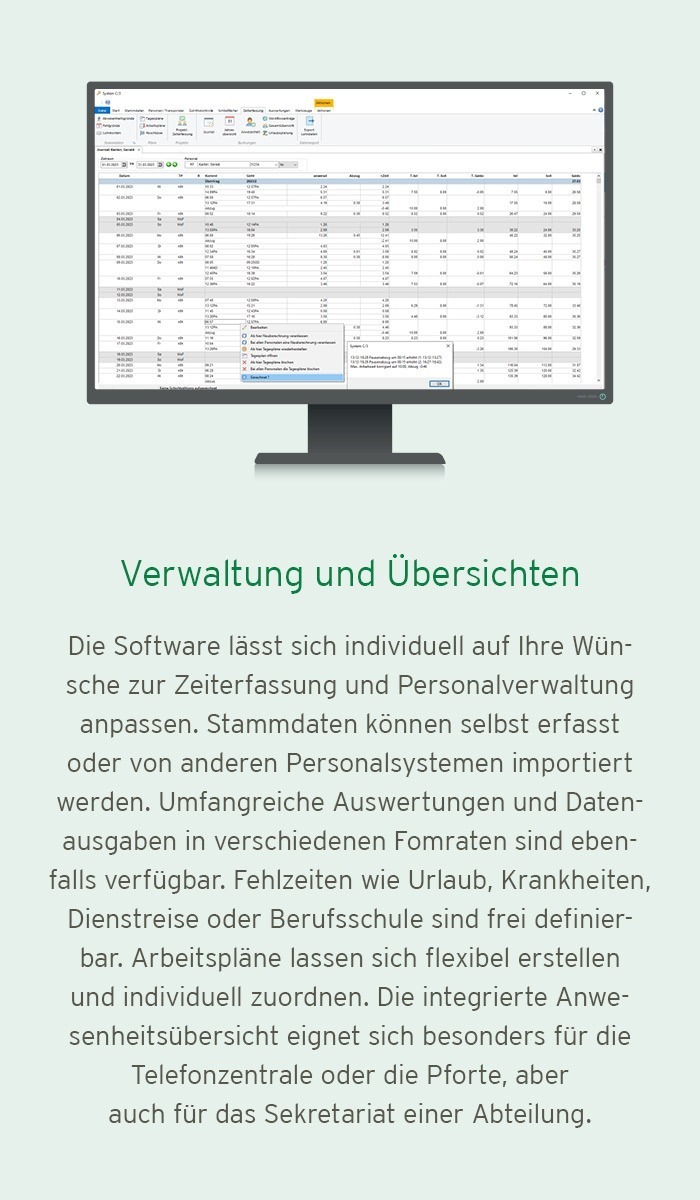 Beispielbild für Verwaltung und Übersichten der Zeiterfassungssoftware